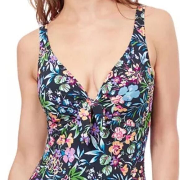 Gottex Flora Floral Tie Front black V-neck Shirred One Piece Swimsuit Size 12 - Picture 4 of 16